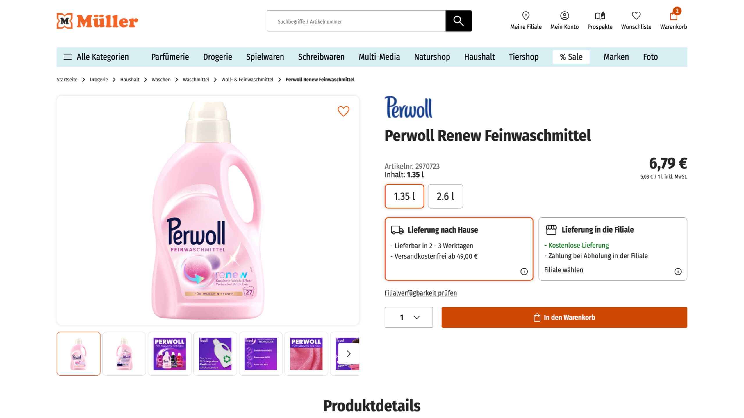 Screenshot of a product detail page on mueller.de.